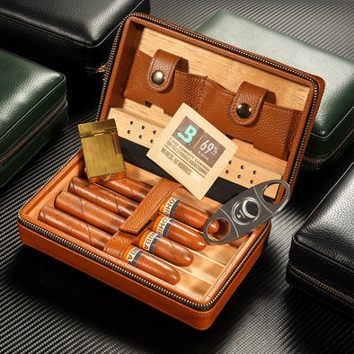 FIREFOG Smoking Cigar Box Genuine Leather Travel Cigar Humidor Case  Portable Cigar Pouch (Holds 5-6 COHIBA Cuban Cigars,Black) 